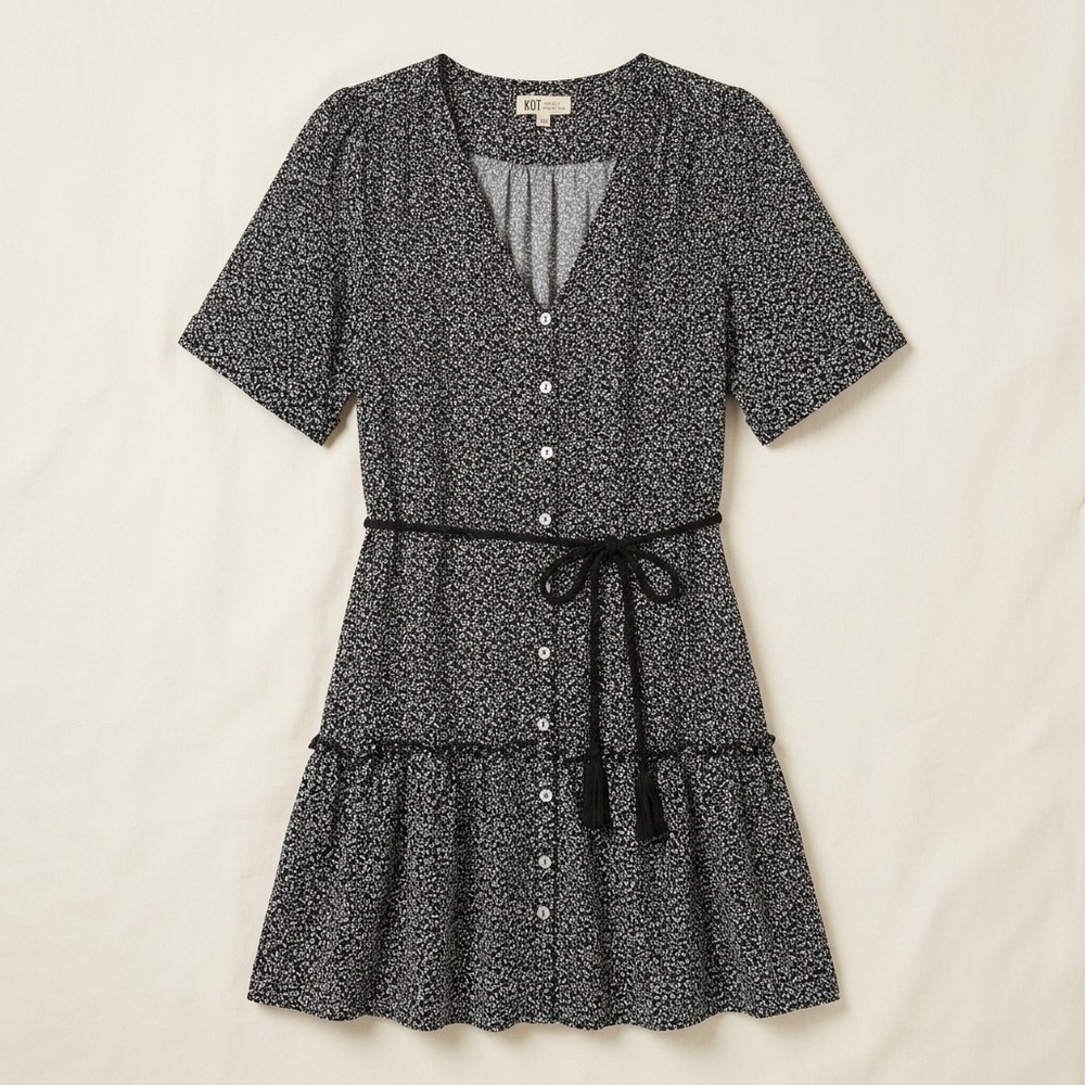 Faherty Brand Navy Floral Ditsy Button Front Dress Short Sleeve Tassel XL